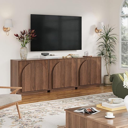 win2win Fluted Sideboard Buffet Cabinet with Storage, 31.5" Mid Century Modern Accent Cabinet with Double-Layered Arch Door, Small Wood Console Credenza for Dining Living Room Entryway, Walnut, 3PCS