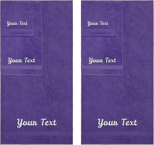 Personalized Towels, Hotel & Spa Quality, Super Soft, Highly Absorbent, Bathroom Sets, 100% Cotton Monogrammed towels 6 Piece Towel Set, Includes 2 Bath Towels, 2 Hand Towels, 2 Washcloths, Purple