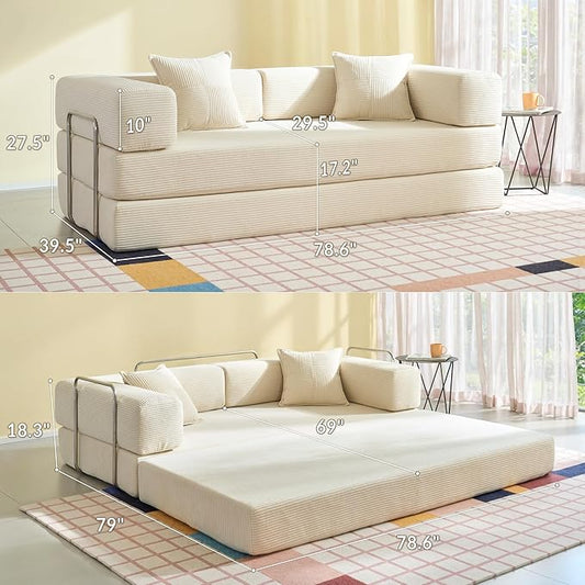 YINIX Foldable Sofa Bed, 78'' Folding Floor Couch, Compressed Convertable Sleeper Sofa, Memory Foam Couch with Pillow Back Support Armrest, 4-in-1 Futon Sofa Bed for Living Room, White