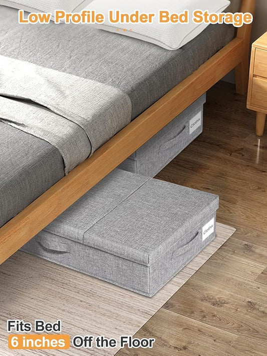 punemi Under Bed Storage With Lids, 2 Pack Large Underbed Storage Containers Clothes W/ 3 Handles, Foldable Low Profile Stackable Drawer Organizer Bins Box for Blanket Shoe Bedroom, 31.1*15.7*6inch
