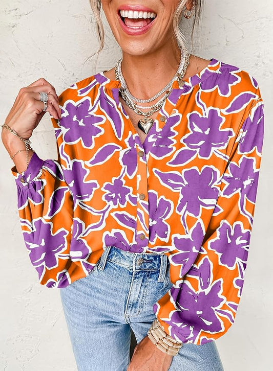 Astylish Womens 2026 Boho Floral Loose Spring Summer Tops Lantern Sleeve Flowy Blouses V Neck Button Down Shirts