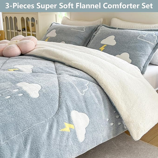 Fleece Comforter Set - 3 Piece Queen Size Thick Fluffy Comforters for Her Girls, Plush Cozy Warm, Soft Microfiber Bedding Bedroom Decor Winter (1 Comforter + 2 Pillow Shams)