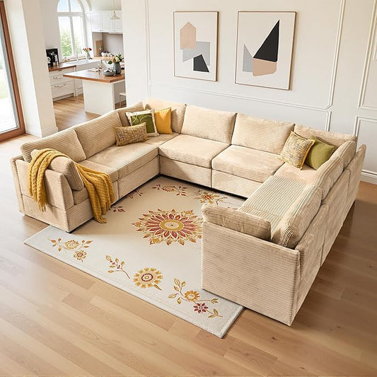 Large 8 Seat Modular Sectional Sofa with Ottoman Seat Corduroy Sleeper Sectional Sofa Bed Oversized Convertible Modular Couch for Living Room