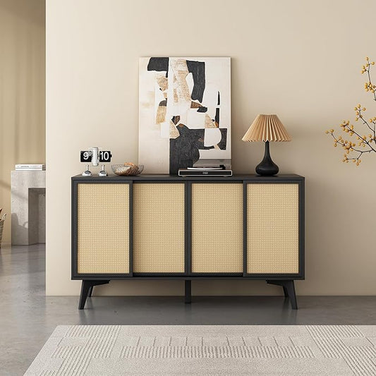 MUSEHOMEINC Large Sideboard Buffet Cabinet, 4-Rattan Door Sideboard Cabinet - Buffet Storage with Sliding Doors, Black Oak Finish for Dining Room, Kitchen, Entryway, Living Room