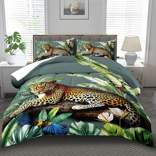 Animal Leopard Print Comforter Set King Animal Cheetah Print Comforter Set Boys Girls Floral Leopard Bedding Bedroom Decor Floral Cheetah Bedding King Jungle Plant Room Decor