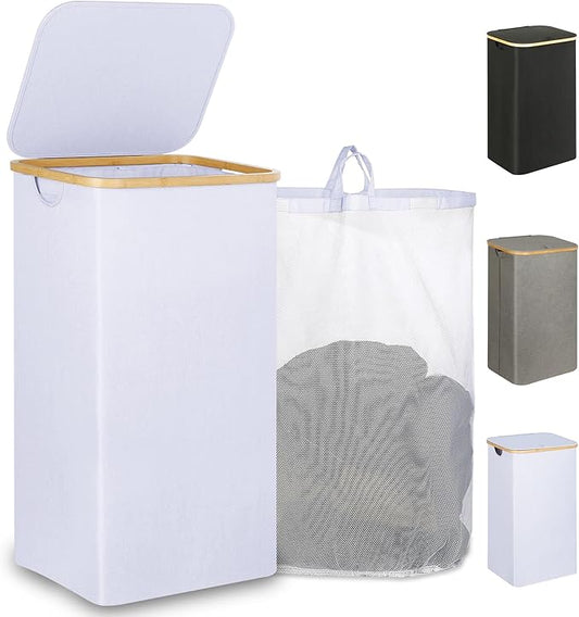 110L Laundry Hamper with Lid,Dirty Clothes Hampers for Laundry,Laundry Basket with Bamboo Handles and Removable Bag,Hamper for Bedroom, Bathroom, Dorm, Laundry Room, White