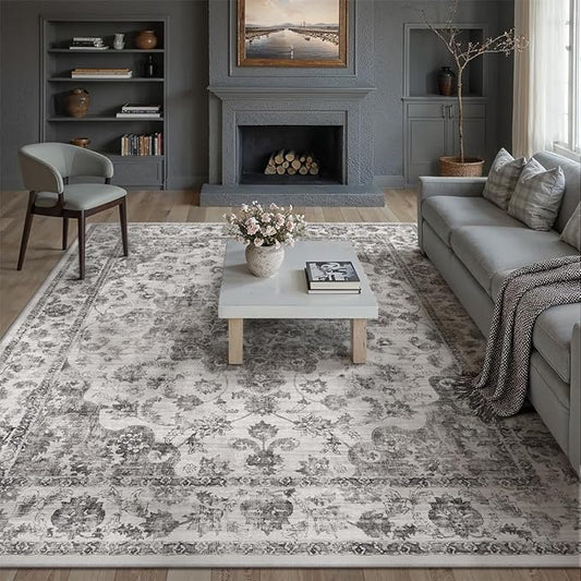 8x10 Washable Neutral Area Rug Black Vintage Living Room Bedroom Carpet Non-Slip Soft Low Pile Floral Indoor Large Throw Rug for Dining Room Office