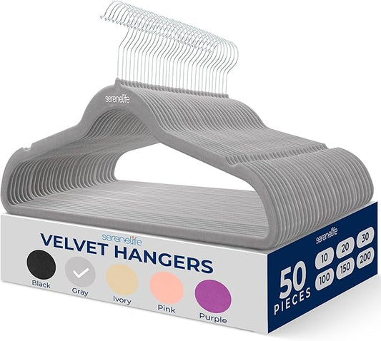 SereneLife 50 Pack Velvet Hangers - Non-Slip, 360° Swivel Hook - Ultra-Thin, Lightweight Velvet Hangers for Shirts, Sweaters, Hoodies, Kids Clothes & Dresses - Space-Saving
