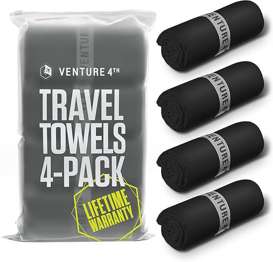 VENTURE 4TH - 4pcs Quick Dry Towels. Microfiber Travel Towels. Lightweight & Fast Drying Travel Towels for Body. Compact & Easy to Pack - 4 Pack Black Large