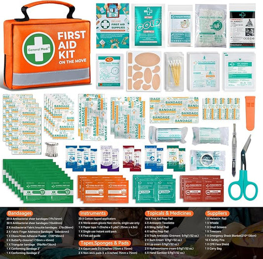 General Medi First Aid Kit - 150 Pieces Small Compact First Aid Kit Bag - Includes Instant Cold Pack, Emergency Blanket for Travel, Home, Office, Vehicle, Camping(Orange)