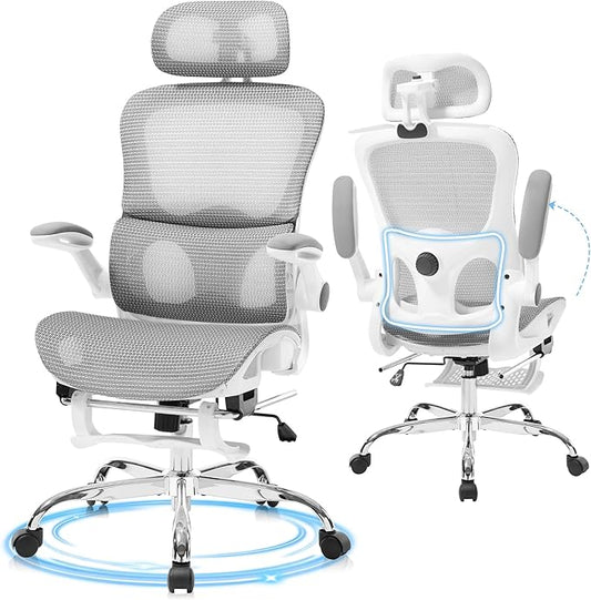 Ergonomic Office Chair, Adjustable High Back Desk Chair with Headrest Footrest 2D Lumbar Support - Executive Breathable Mesh Comfy Swivel Rolling Reclining Computer Task Chairs for Home Office Gaming
