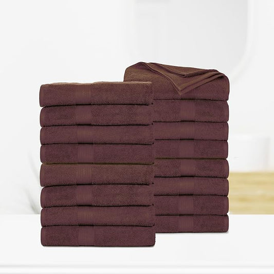 Ample Decor Bath Towels Pack of 16 600 GSM 100% Cotton, Absorbent Soft Premium Quality Machine Washable, Oeko Tex Certified, for Bathroom, Hotel, Spa, Gym, Kitchen - Brown - 30 X 54 Inch