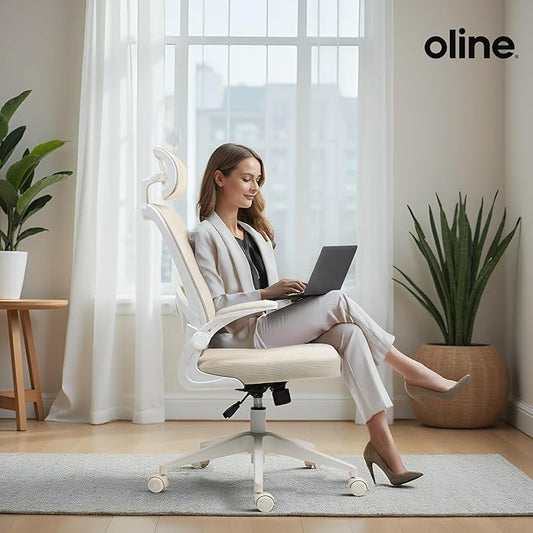 Oline ErgoAir Ergonomic Office Chair โ Adjustable Lumbar Support, Flip-Up Armrests, Mesh Computer Desk Chair, Swivel Rolling Executive Gaming Chair for Home & Office (Beige)