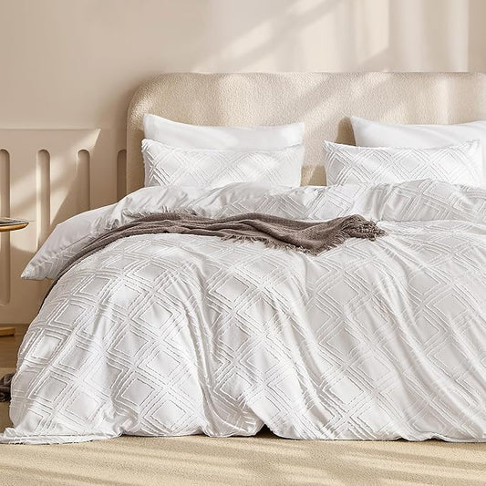 JELLYMONI Duvet Cover Full Size Bright White - 3PCS Boho Duvet Cover Set Plaid Polyester Tufted Bohemian Jacquard Knit Textured Comforter Cover 80×90in Rhombic Geometric Pattern Corner Ties & Zipper