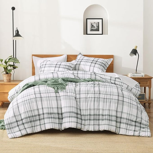 Andency Green White Plaid Comforter Set Queen(90x90Inch), 3 Pieces Preppy Grid Gingham Stripes Bedding Comforter Sets for Boys Girls Kids, Green Line Soft Lightweight Geometric Reversible Bed Set