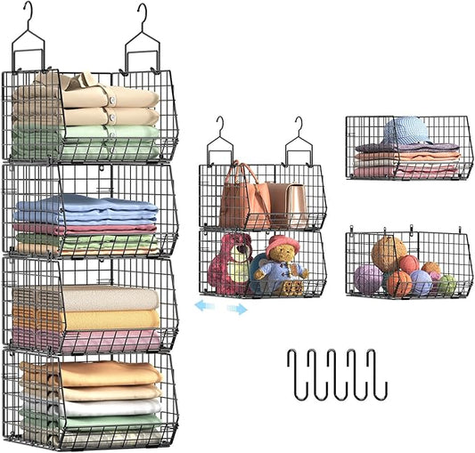 4" Extra Deeper Hanging Closet Organizers and Storage,4 Tier Foldable Wire Cabinet Shelves with 5 S Hooks,Small Metal Basket Bins for Clothes Sweaters Handbags, Wardrobe for Kitchen Laundry Room,Black