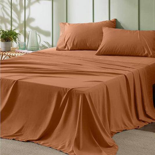 Bedsure California King Sheet Sets - 4 Pieces Soft Cal King Sheets - Breathable & Cooling - Hotel Luxury - Easy Care Polyester Microfiber Bedding for Women, Men, Terracotta