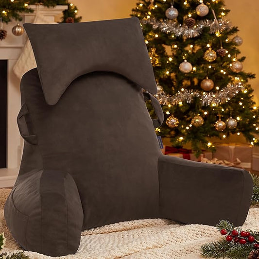 Portable Reading Pillows with Headrest for Bed Sitting Up(Brown Oeko-Tex), Velvet Back Pillow with Arms & Pockets for Adults, Support Memory Foam Bed Pillow for Dorm/Reading/Watching/Gaming