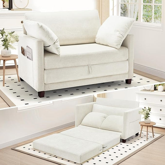 51" Convertible Sofa Bed, 2 in1 Folding Sofa Bed, Loveseat Sleeper Sofa for Small Spaces, Fold Out Floor Couch with 2 Pillows for Apartment, Living Room & Guest Room, Beige Chenille Fabric