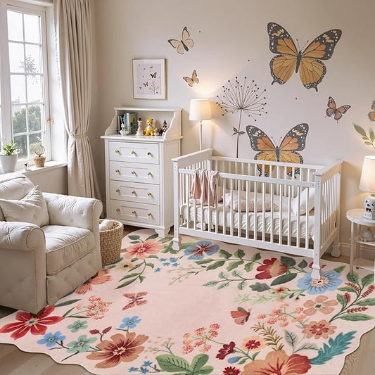 Lahome Floral Washable Rugs, 4X6 Pink Rugs for Bedroom Girls Ultra-Thin Soft Living Room Rug, Non-Slip Stain Resistant Boho Throw Carpet for Nursery Office, Light Pink