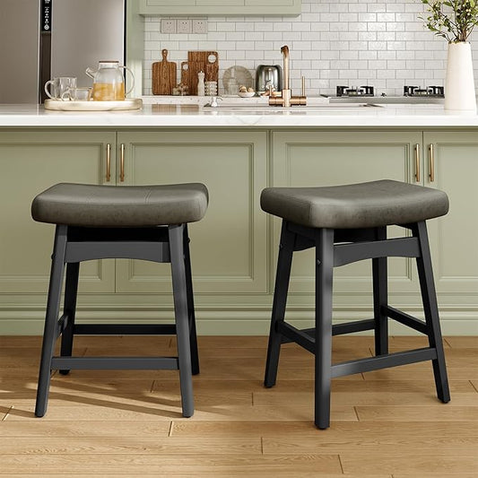 MAISON ARTS Grey Counter Height Bar Stool for Kitchen Counter Solid Wood Legs with Faux Leather Saddle Seat Farmhouse Barstool for 34"-38" Counter Island Upholstered Stool, 24in Height, 1pc