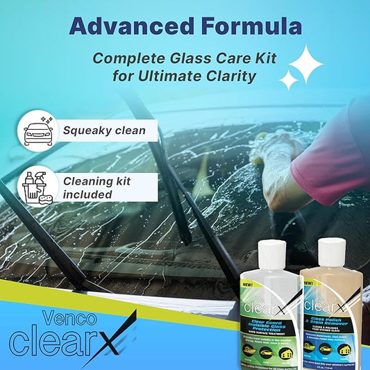 Venco Clear X Multi-Surface Glass Polish - Advanced Oxidation & Water Spot Remover with Clear Guard Technology - Perfect for Yachts, Home Windows, RVs & Car Windshields - Made in the USA - 4oz Kit
