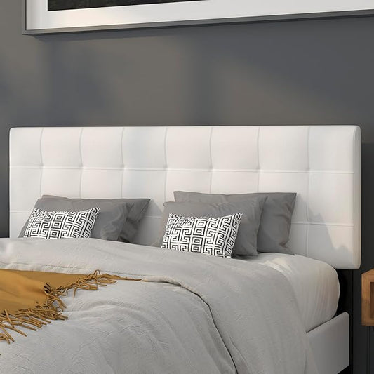 EMMA + OLIVER Quilted Tufted Upholstered Queen Size Headboard in White Fabric