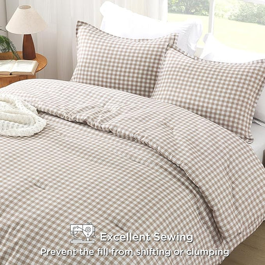 Andency Tan Gingham Comforter Set Full(79x90Inch), Brown Checkered Grid Plaid Buffalo Bed Set for Girls Boys Kids Teens, 3 Pieces Lightweight Microfiber Geometric Preppy Bedding