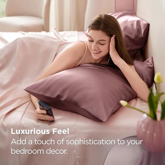 Bedsure Satin Pillowcase for Hair and Skin Queen - Silky Pillowcase 2 Pack with Envelope Closure, Similar to Silk Pillow Cases, Gifts for Women Men, Nostalgia Rose, 20x30 Inches, 2pcs