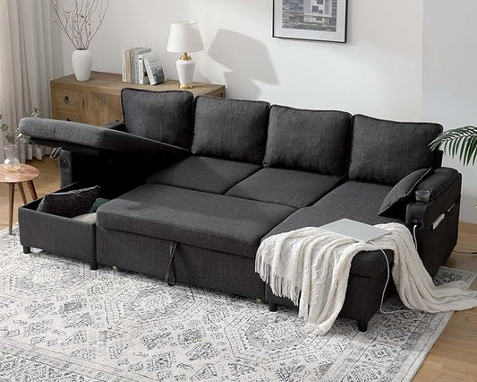 DURASPACE Sofa Bed Sleeper Sofa Pull Out Couch with Double Storage Chaise, Sectional for Living Room, U Shaped Couch with Removable Covers (Dark Gray)