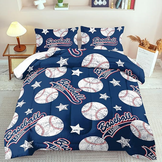 Baseball Comforter Set Twin,Sports Bedding Sets for Boys,Blue Sports Comforter Twin Bedroom Decor,Baseball Bedding Teen for All Seasons,Blue Quilt Kids Bedroom Decor