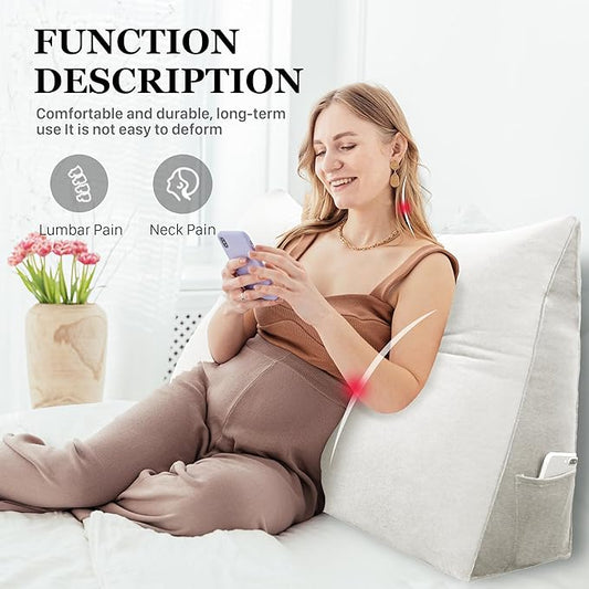 10 lbs Thickened Full Headboard Pillow for Sitting Up in Bed, Back Support Reading Pillow with Side Pocket and Velvet Removable Cover, Triangular Large Wedge Headboard Pillow