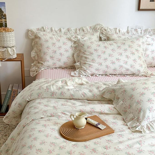 MKXI King Size Pink Floral Comforter Set - 3 Piece Ruffled Lace Bedding Set 1 King Comforter with 2 Pillowcases All Seasons, Soft Aesthetic Princess Style Floral Comforter for Girls, Women