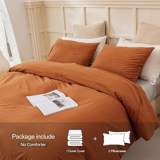 ECOCOTT 100% Washed Cotton Duvet Cover Full Size – Soft & Breathable Linen Feel Bedding Set, 3 Pieces Brown Comforter Cover with Zipper Closure for All Seasons