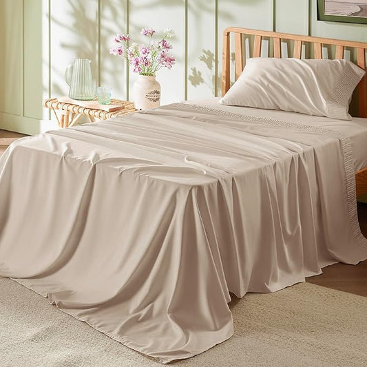Bedsure Twin XL Sheet Sets Dorm Bedding - 3 Pieces Soft Extra Long Twin Sheets, Hotel Luxury, Easy Care Microfiber for Women, Men, Beige
