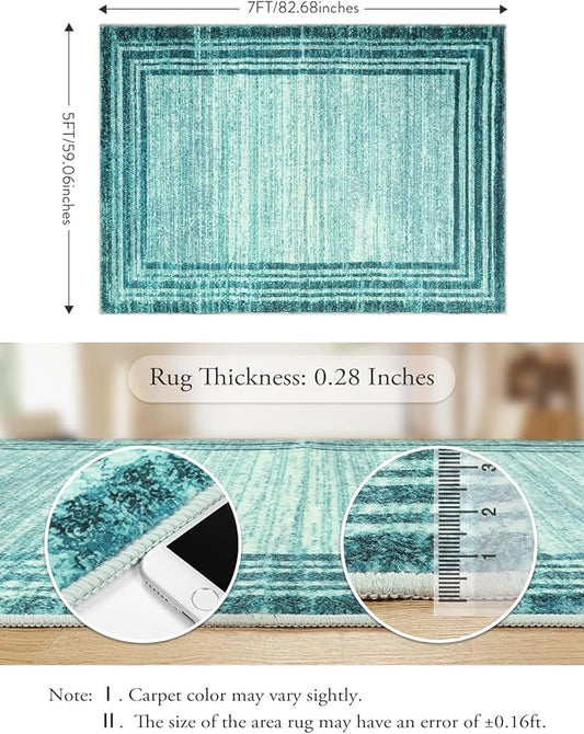 Lahome Modern Abstarct Area Rugs 5x7, Washable Teal 5x7 Bedroom Rug Soft Living Room Rug Non Slip, Low-Pile Indoor Rugs for Living Room Minimalist Floor Carpet for Dining Room Kids Playroom
