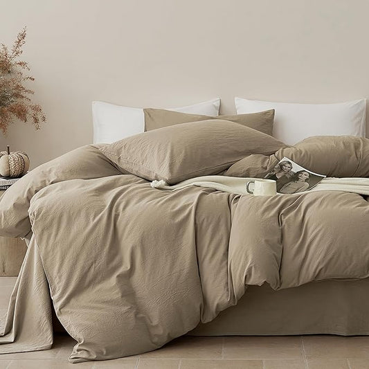 JELLYMONI Duvet Cover Queen Size - Washed Cotton Comforter Cover with Linen-Like Texture,Breathable & Soft Bedding for Modern Home,Guest Room and Everyday Use,Dusty Khaki 1 Duvet Cover & 2 Pillowcases