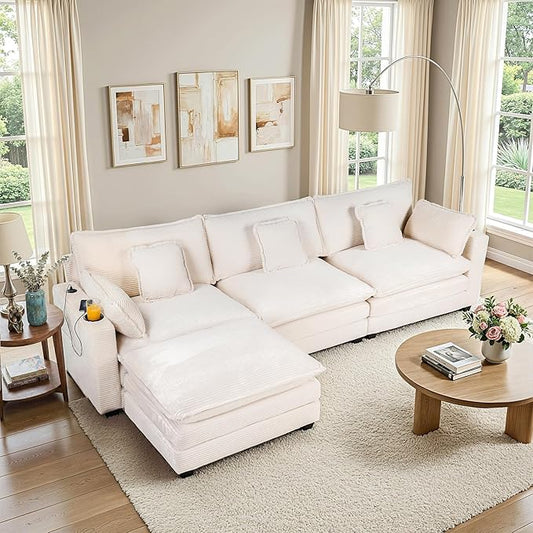 Gexpusm Modular Sectional Sofa,99" Couches for Living Room,Corduroy Sofa with Ottoman & Pillow,Cloud Sectional Couch with Cup Holders & USB,Side Pockets,3-Seat Corduroy Boneless Chair Indoor (Beige)