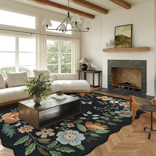Lahome Floral 9x12 Area Rugs for Living Room Bedroom, Soft Washable Rugs 9x12 Stain Resistant, Ultra-Thin Non-Slip Boho Dining Room Rug Non-Shedding Accent Carpet for Office(9x12ft,Black/Grey)