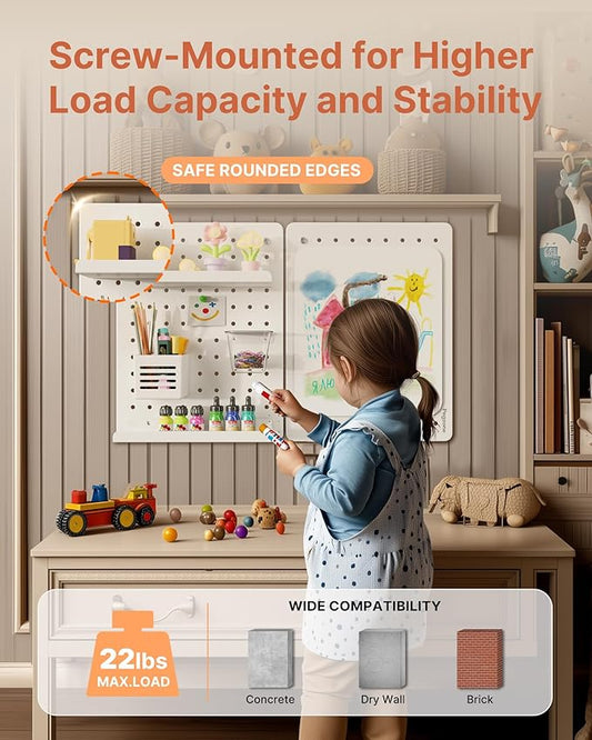 Pegboard Wall Organizer Combination Kit, Overall 25.4"x16.6" Metal Office Pegboard with 13 Accessories, Wall Mounted Peg board Display Panels for Home, Gaming Room, Garage (2Pcs,White)