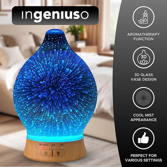 Aromatherapy Essential Oil Diffuser for Therapeutic Oils, w/ 3D Glass Vase | Cool Mist Difusor for Bedroom | LED Color Light Display & Auto Shut-Off | Humidifier, Fragrance Machine for Home & Dorm Use
