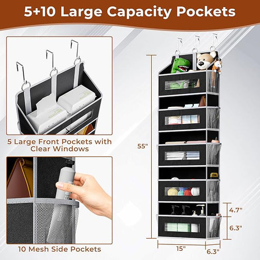 5-Tier Over The Door Storage Organizer with 10 Side Mesh Pockets, 48 lbs Load Capacity, 3 Hooks Design, Door Hanging Organizer with Clear Windows for Bathroom, Bedroom, Nursery, Kitchen-Black
