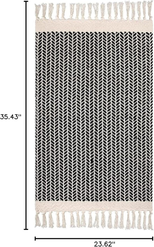 Lahome Boho Bathroom Rugs, Small 2x3 Front Door Mat Lightweight Kitchen Rug Woven Cotton Area Rug with Tassels, Farmhouse Washable Black and White Throw Rug Low Pile Carpet for Entry Laundry