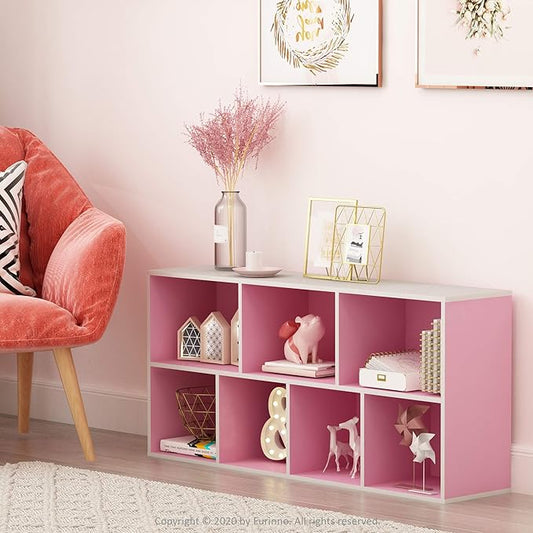 Furinno LUDER Book Shelf, 7-Cube Bookshelf, Bookcase, 9.4 x 19.5 x 41.7, for Living Room, Bedroom, Home Office, White/Pink