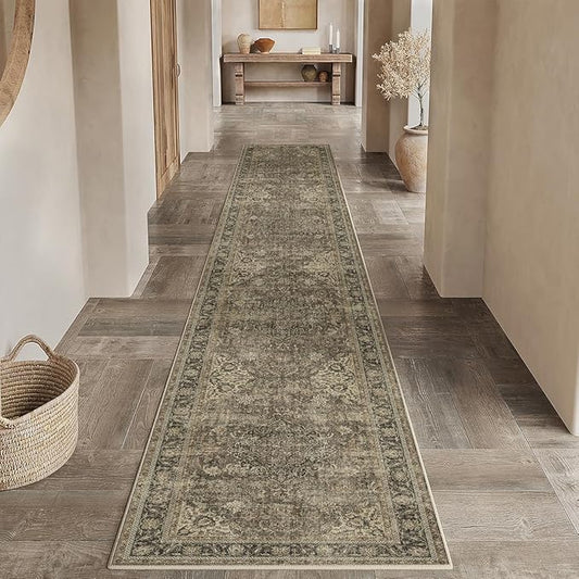 3x10 Washable Brown Runner Rug Vintage Hallway Kitchen Carpet Non-Slip Soft Low Pile Distressed Throw Rug for Bedroom Bathroom Laundry Living Room