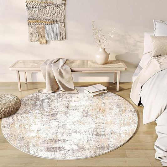 6x6 Washable Round Rug Beige Grey Abstract Living Room Bedroom Area Rug Neutral Modern Non Slip Soft Low Pile Indoor Carpet for Dining Room Office Entryway
