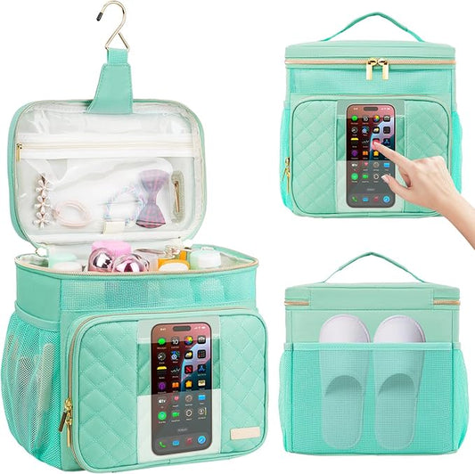 Portable Shower Caddy (Full Size Bottle Compatible),Travel Shower Tote Bag with Quick Dry Mesh Base,Hanging Toiletry Cosmetic Bag for Gym,College,Camping & Dorm, Mint Green