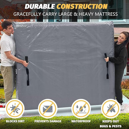 Mattress Bags for Moving and Storage, BETU Waterproof Mattress Protector Full XL Mattress Cover with 8 Heavy Duty Handles and Zipper Extra Thick Moving Supplies for Bed (2 Pack:82x57x13.5 Grey)