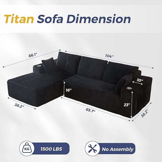 MAXYOYO 104" Modular Sectional Couch with L-Shape Chaise, Modern Boneless Couch for Living Room, Sofa in A Box, Oversized Sofa Sleeper with Deep Seat, No Assembly Required, Black