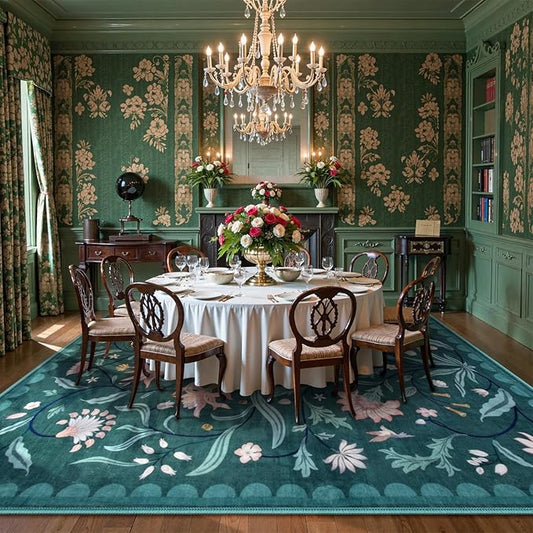 Lahome Boho Floral Washable Dark Teal 8x10 Area Rugs for Living Room, Non Slip Rugs for Bedroom, Ultra-Thin Indoor Throw Dining Room Carpet for Under Table Home Office Playroom(Dark Teal,8x10)